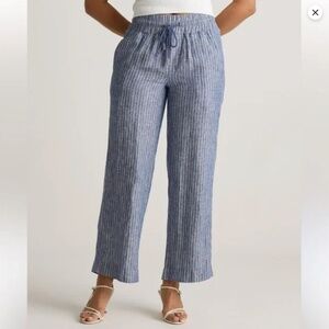 Quince European Linen Wide Leg Cropped Pants XL Chambray Blue Stripe Pockets